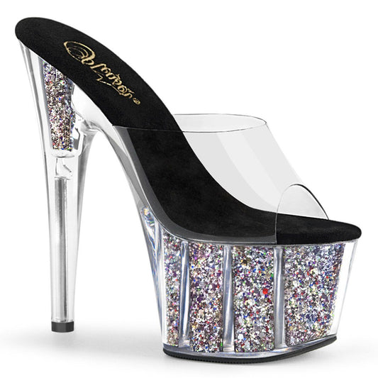 ADORE-701CG Clear/Silver Confetti Glitter Slide Pleaser