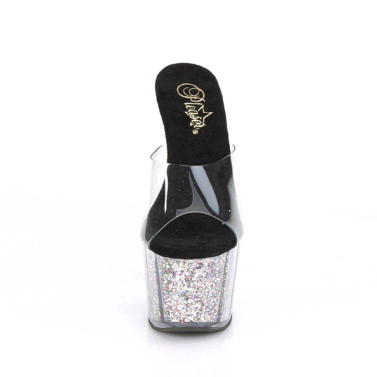 ADORE-701CG Clear/Silver Confetti Glitter Slide Pleaser
