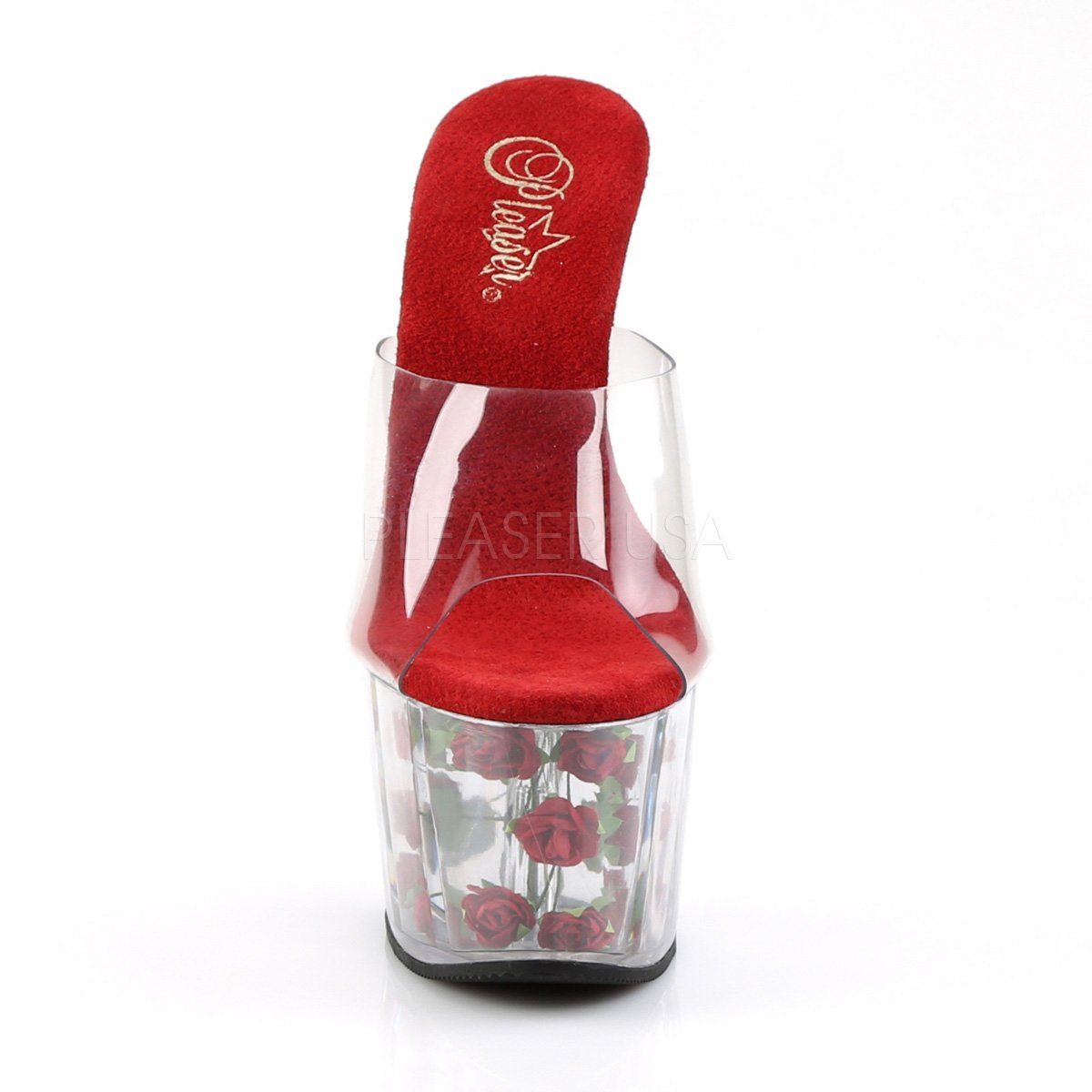 ADORE-701FL Clear/Red Flowers Slide Pleaser