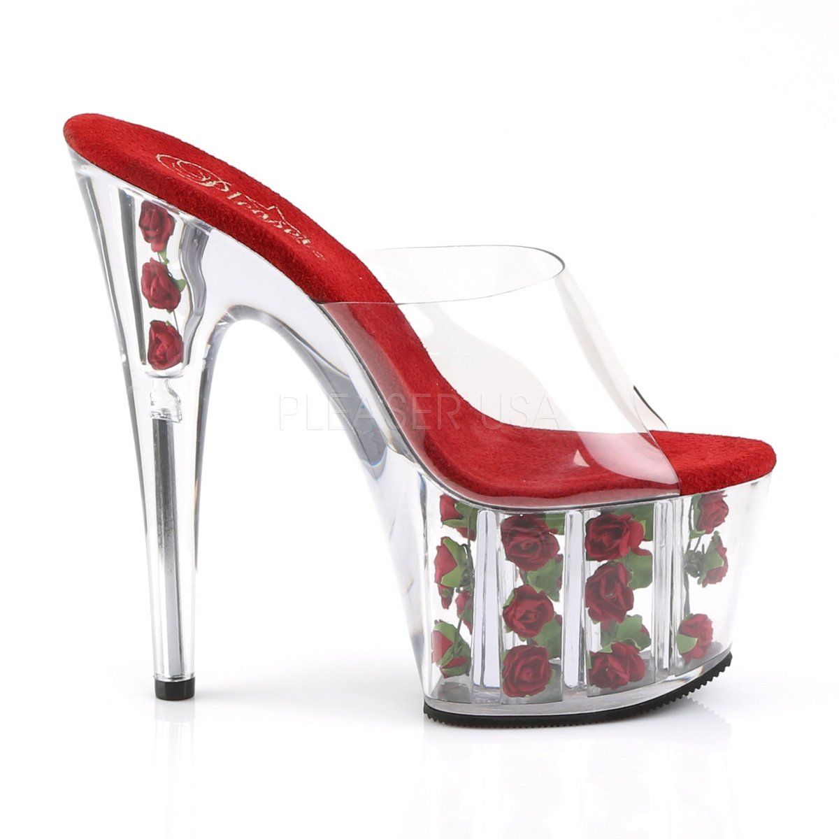 ADORE-701FL Clear/Red Flowers Slide Pleaser