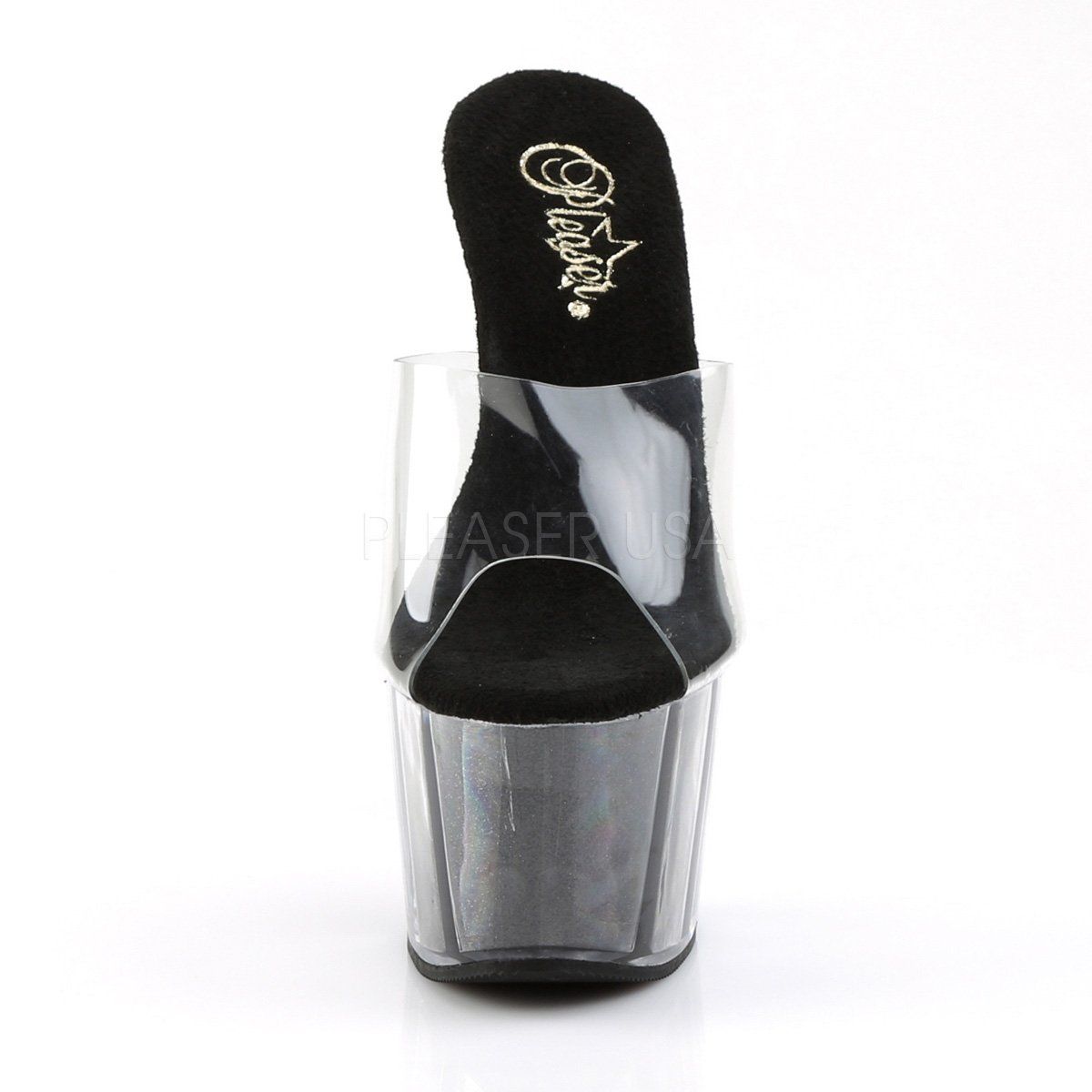 ADORE-701G Clear/Black Glitter Slide Pleaser