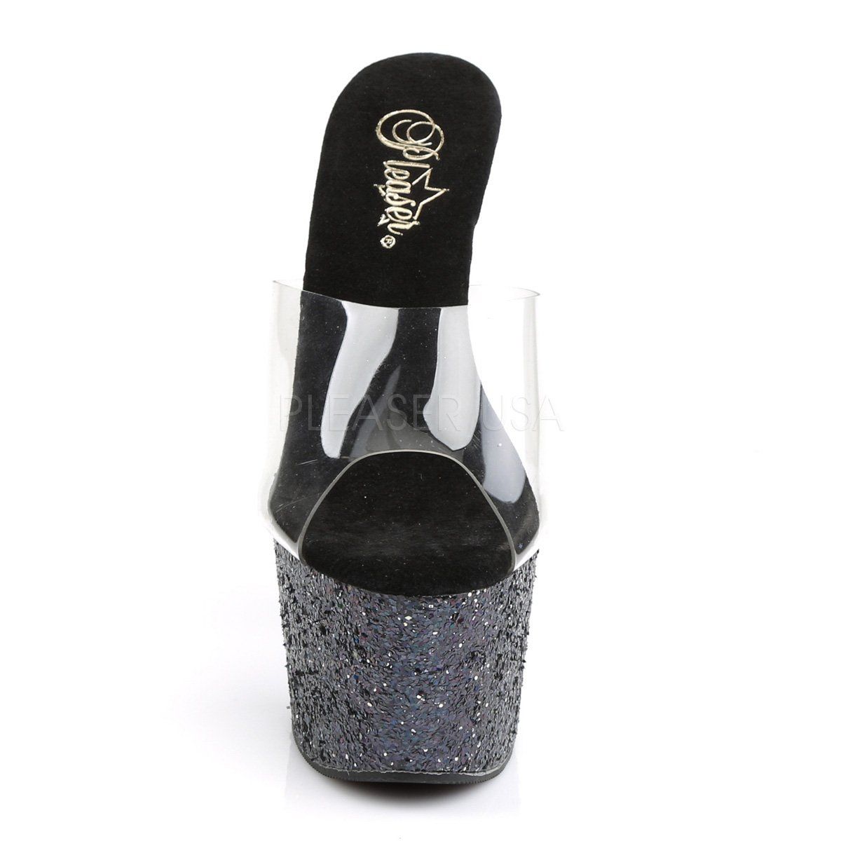 ADORE-701LG Clear/Black Holo Glitter Slide Pleaser