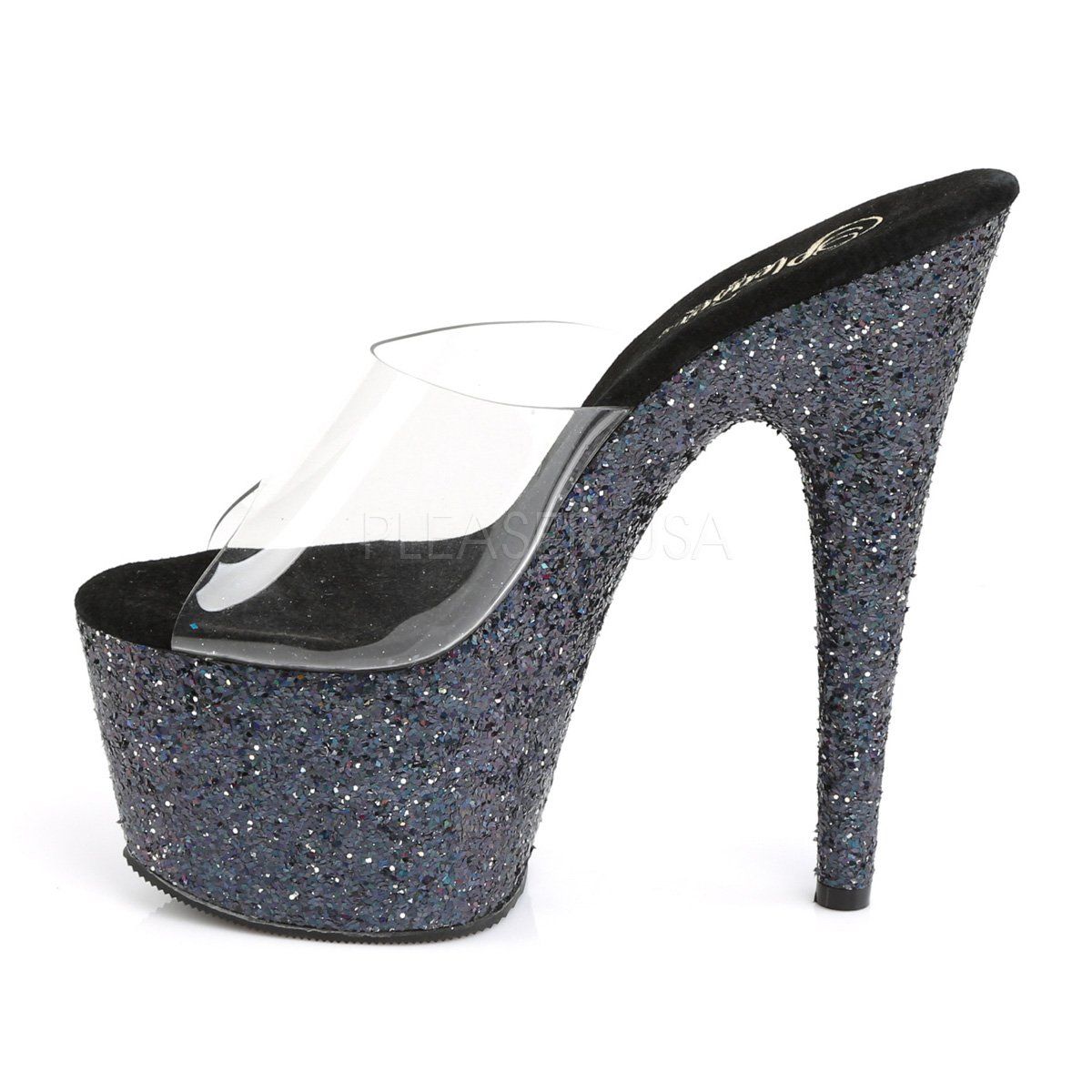 ADORE-701LG Clear/Black Holo Glitter Slide Pleaser