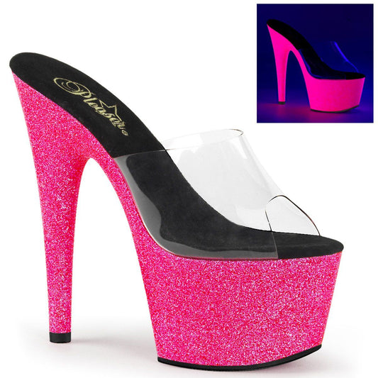 ADORE-701UVG Clear/Neon Hot Pink Glitter Slide Pleaser