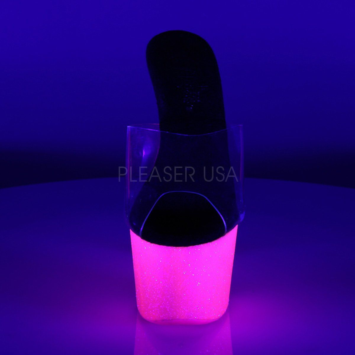 ADORE-701UVG Clear/Neon Hot Pink Glitter Slide Pleaser