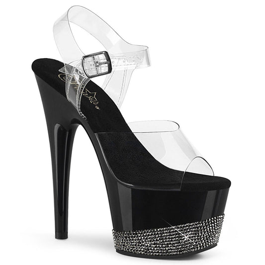 ADORE-708-3 Clear/Black-Pewter Rhinestone Platform Sandal Pleaser