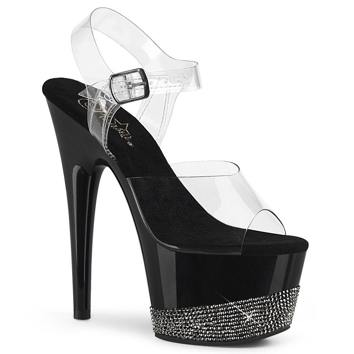 ADORE-708-3 Clear/Black-Pewter Rhinestone Platform Sandal Pleaser