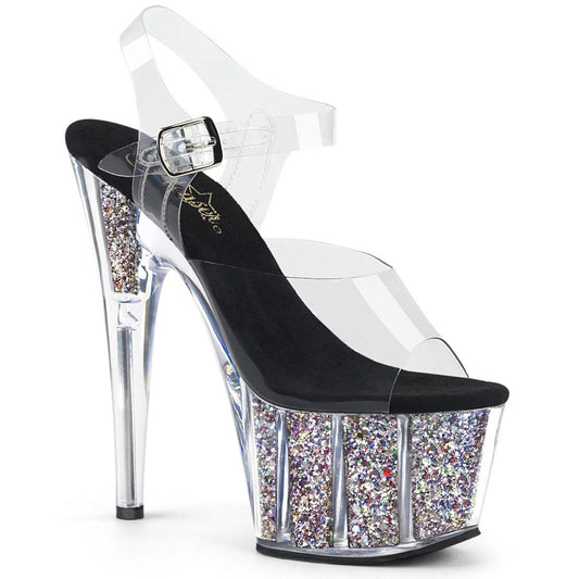 ADORE-708CG Clear/Silver Confetti Glitter Platform Sandal Pleaser
