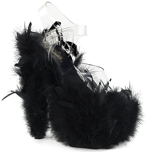 ADORE-708F Clear/Black Marabou Feather Platform Sandal Pleaser
