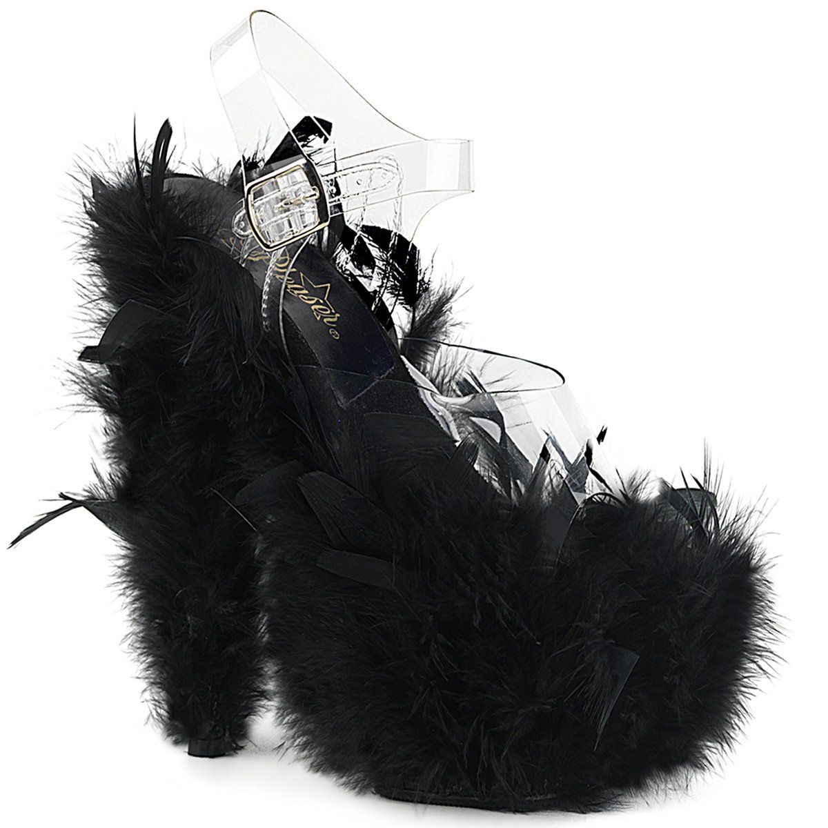 ADORE-708F Clear/Black Marabou Feather Platform Sandal Pleaser
