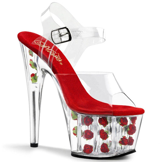 ADORE-708FL Clear/Red Flowers Platform Sandal Pleaser