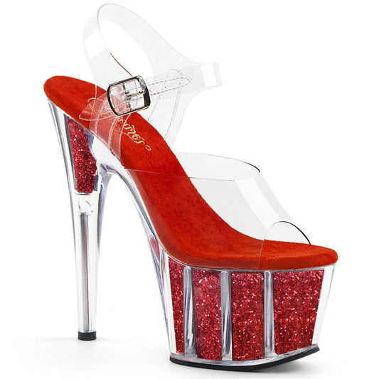 ADORE-708G Clear/Red Glitter Inserts Platform Sandal Pleaser