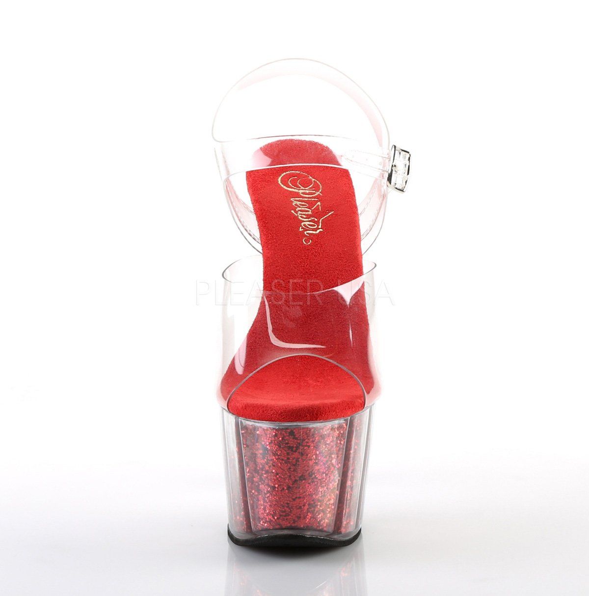 ADORE-708G Clear/Red Glitter Inserts Platform Sandal Pleaser