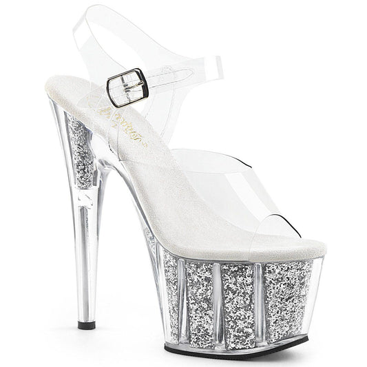 ADORE-708G Clear/Silver Glitter Inserts Platform Sandal Pleaser