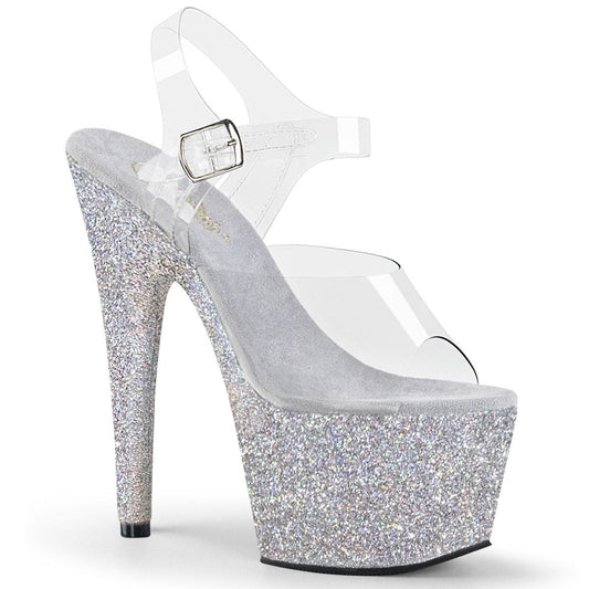 ADORE-708HMG Clear/Silver Multi Glitter Platform Sandal Pleaser