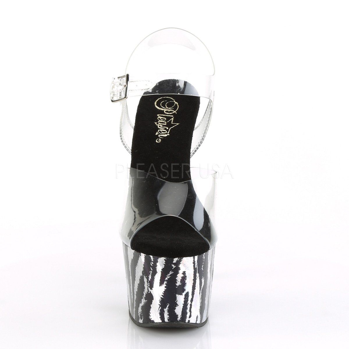 ADORE-708HP-2 Clear/Black-Silver Hologram Platform Sandal Pleaser