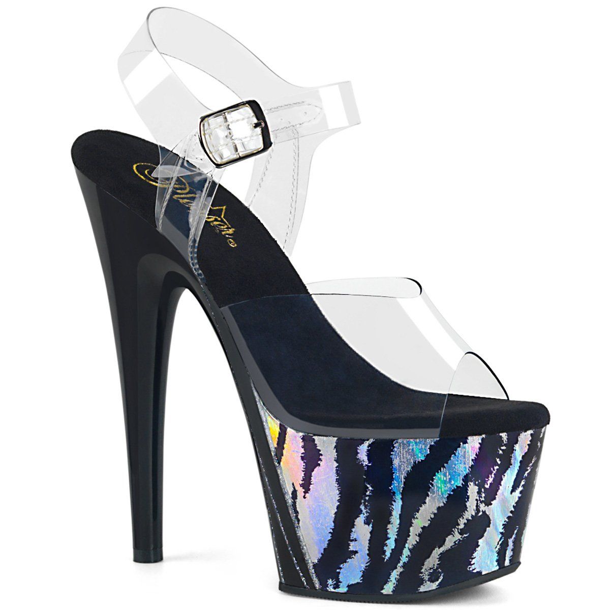 ADORE-708HP-2 Clear/Black-Silver Hologram Platform Sandal Pleaser