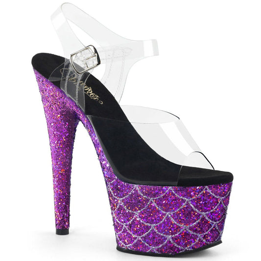 ADORE-708MSLG Clear/Purple Multi Glitter Platform Sandal Pleaser
