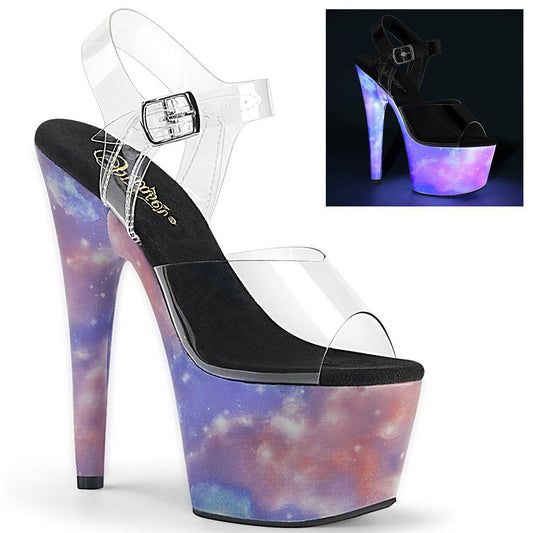 ADORE-708REFL Clear/Purple-Blue Reflective Platform Sandal Pleaser