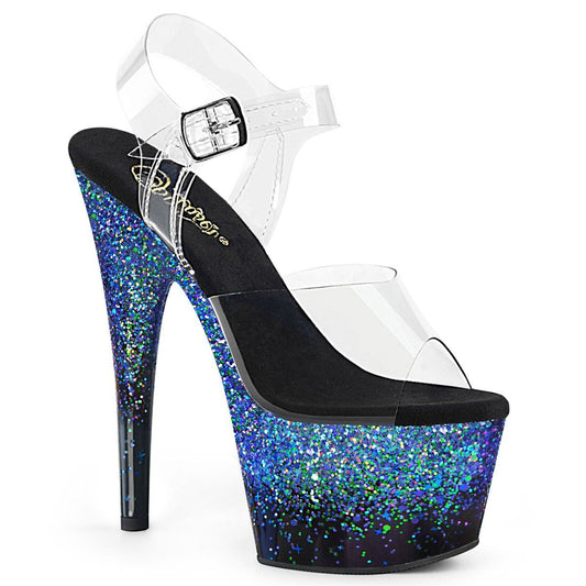 ADORE-708SS Clear/ Black -Blue Multi Glitter Platform Sandal Pleaser