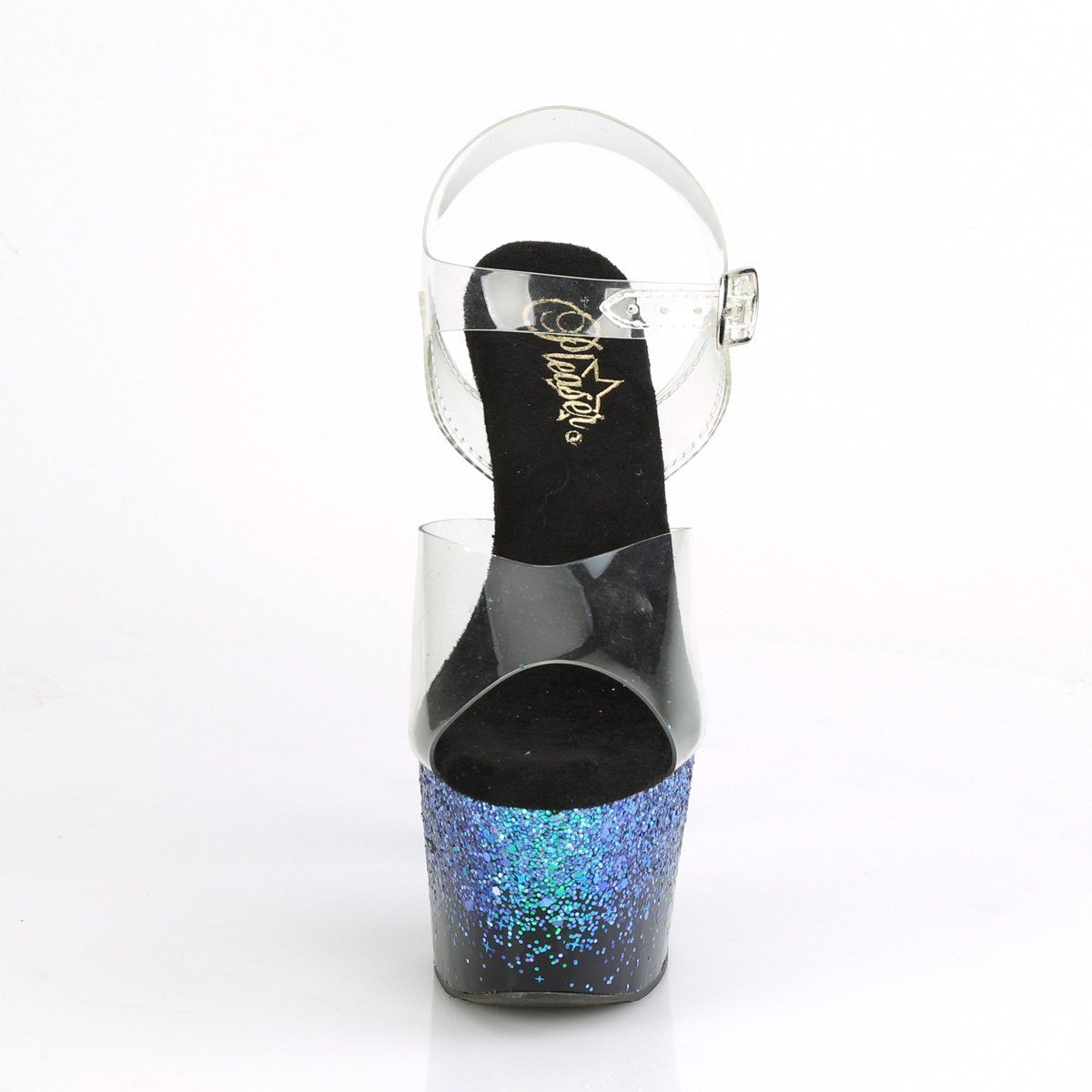 ADORE-708SS Clear/ Black -Blue Multi Glitter Platform Sandal Pleaser