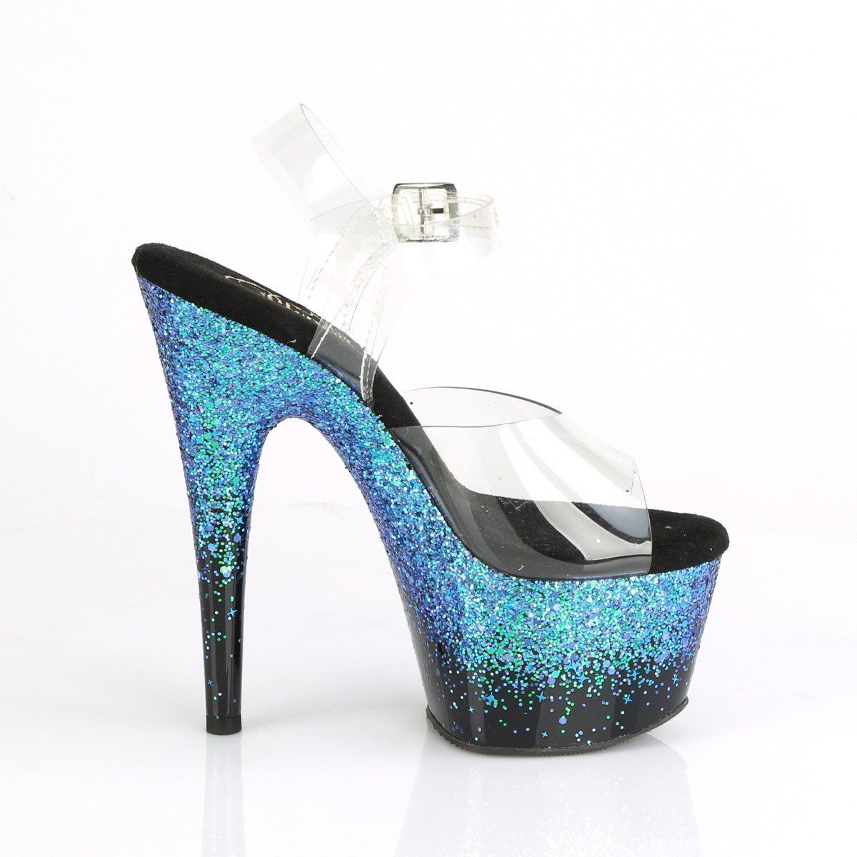 ADORE-708SS Clear/ Black -Blue Multi Glitter Platform Sandal Pleaser