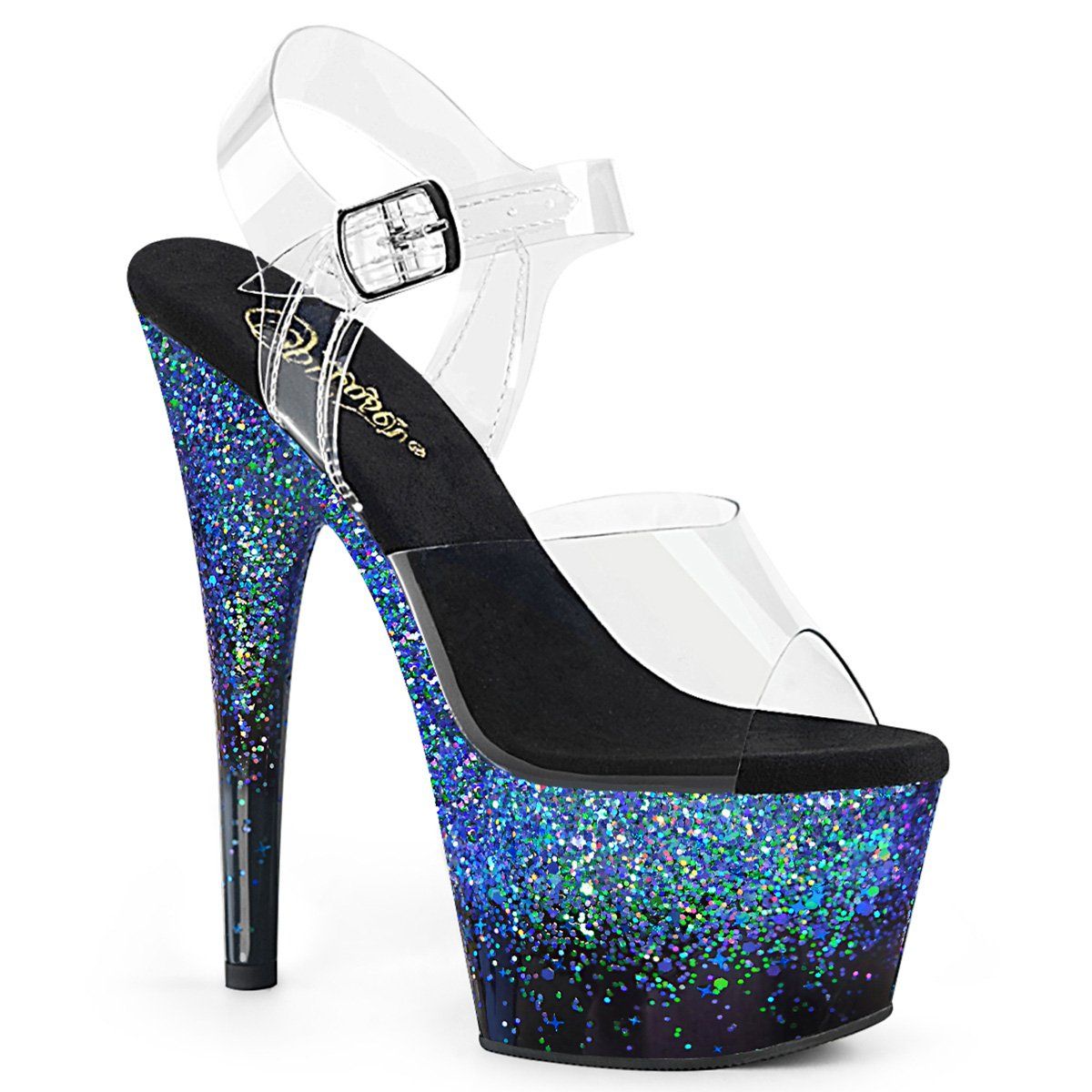 ADORE-708SS Clear/ Black -Blue Multi Glitter Platform Sandal Pleaser