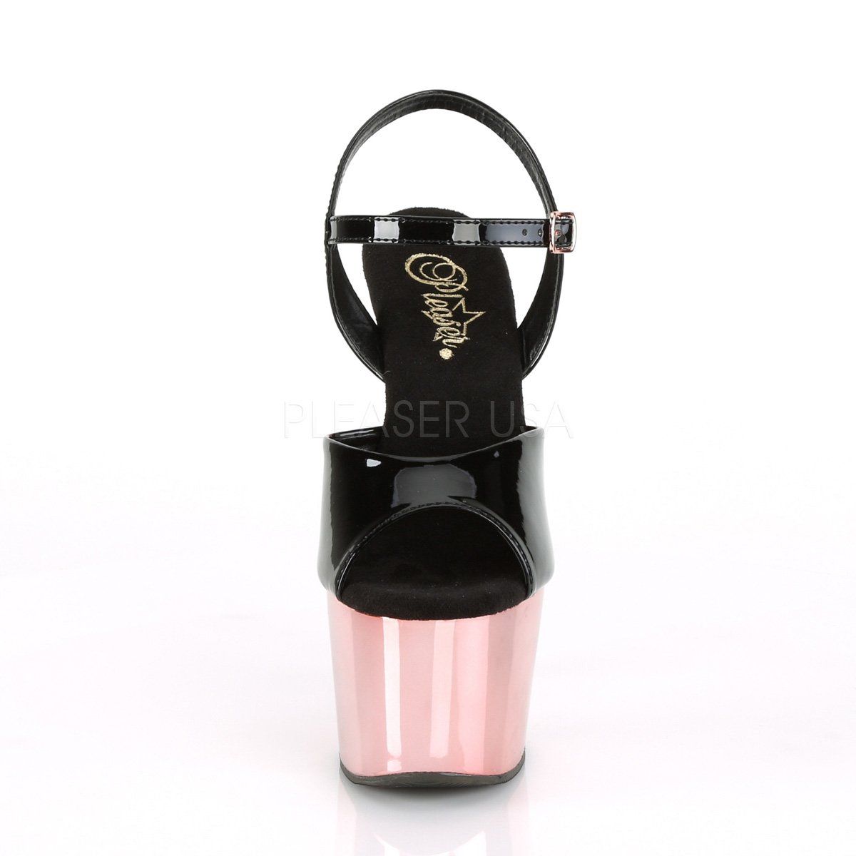 ADORE-709 Black Patent/Rose Gold Chrome Platform Sandal Pleaser