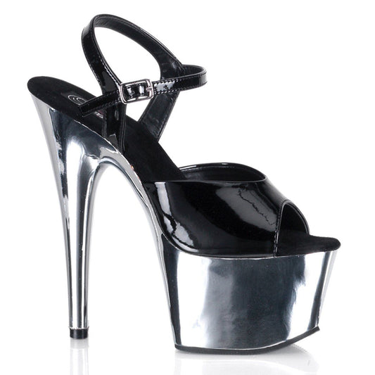 ADORE-709 Black Patent/Silver Chrome Platform Sandal Pleaser