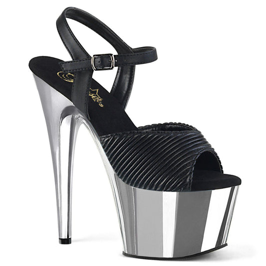 ADORE-709 Black Quilted Faux Leather/Silver Chrome Platform Sandal Pleaser