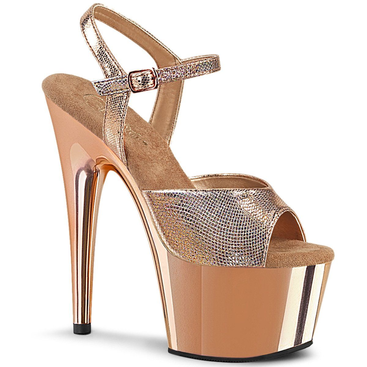 ADORE-709 Rose Gold Textured Metallic/RoseGold Chrome Platform Sandal Pleaser