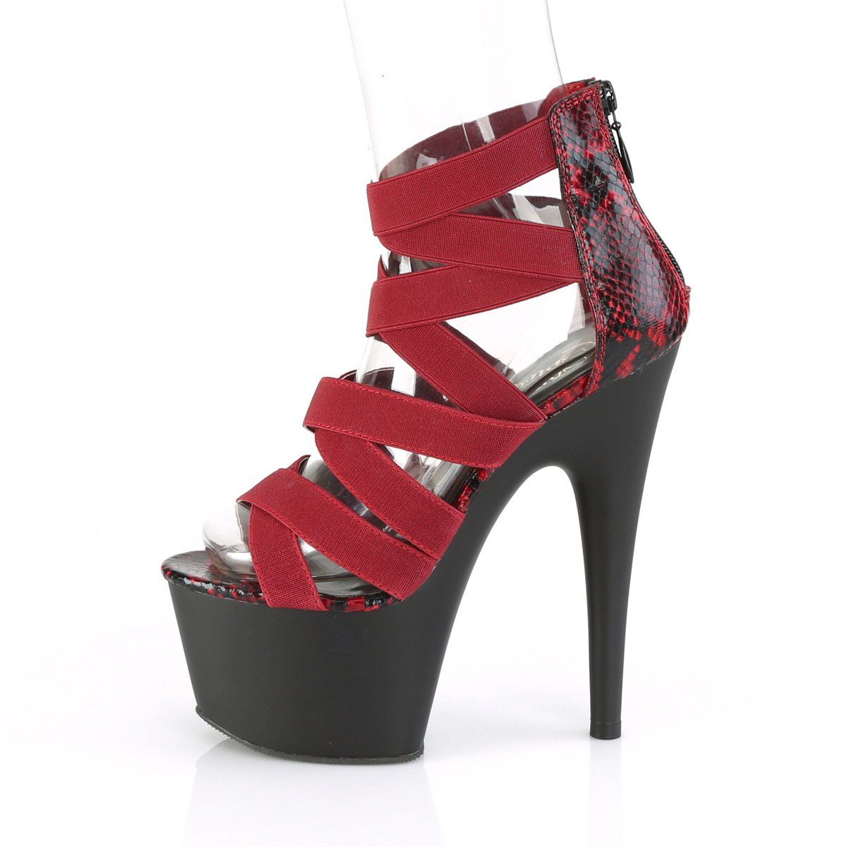 ADORE-748SP Wine Elastic Band-Snake Print Patent Platform Sandal Pleaser
