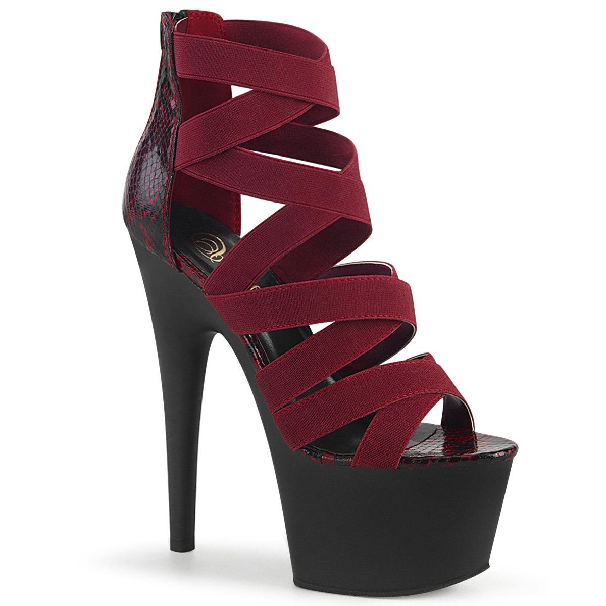 ADORE-748SP Wine Elastic Band-Snake Print Patent Platform Sandal Pleaser