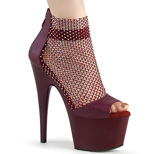 ADORE-765RM Burgundy Faux Leather-Rhinestone Mesh/Burgundy Matt Platform Sandal Pleaser