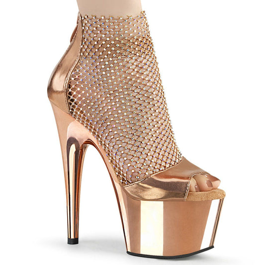 ADORE-765RM Rose Gold Metallic Pu-Rhinestone Mesh/Rose Gold Chrome Platform Sandal Pleaser