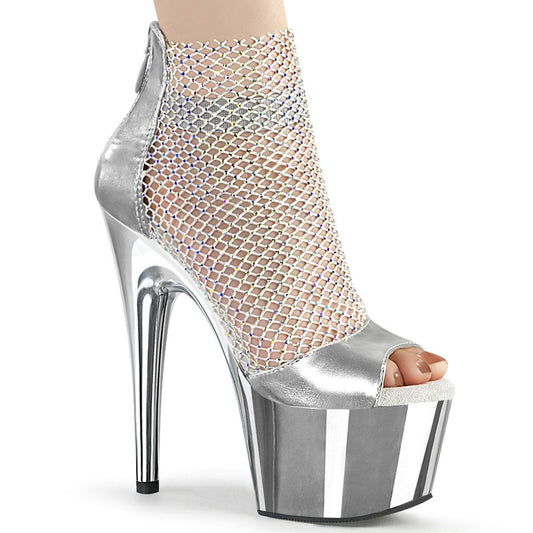 ADORE-765RM Silver Metallic Pu-Rhinestone Mesh/Silver Chrome Platform Sandal Pleaser