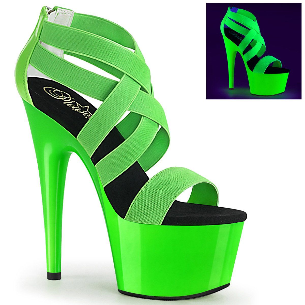 ADORE-769UV Neon Green Elastic Band-Patent/Neon Green Platform Sandal Pleaser