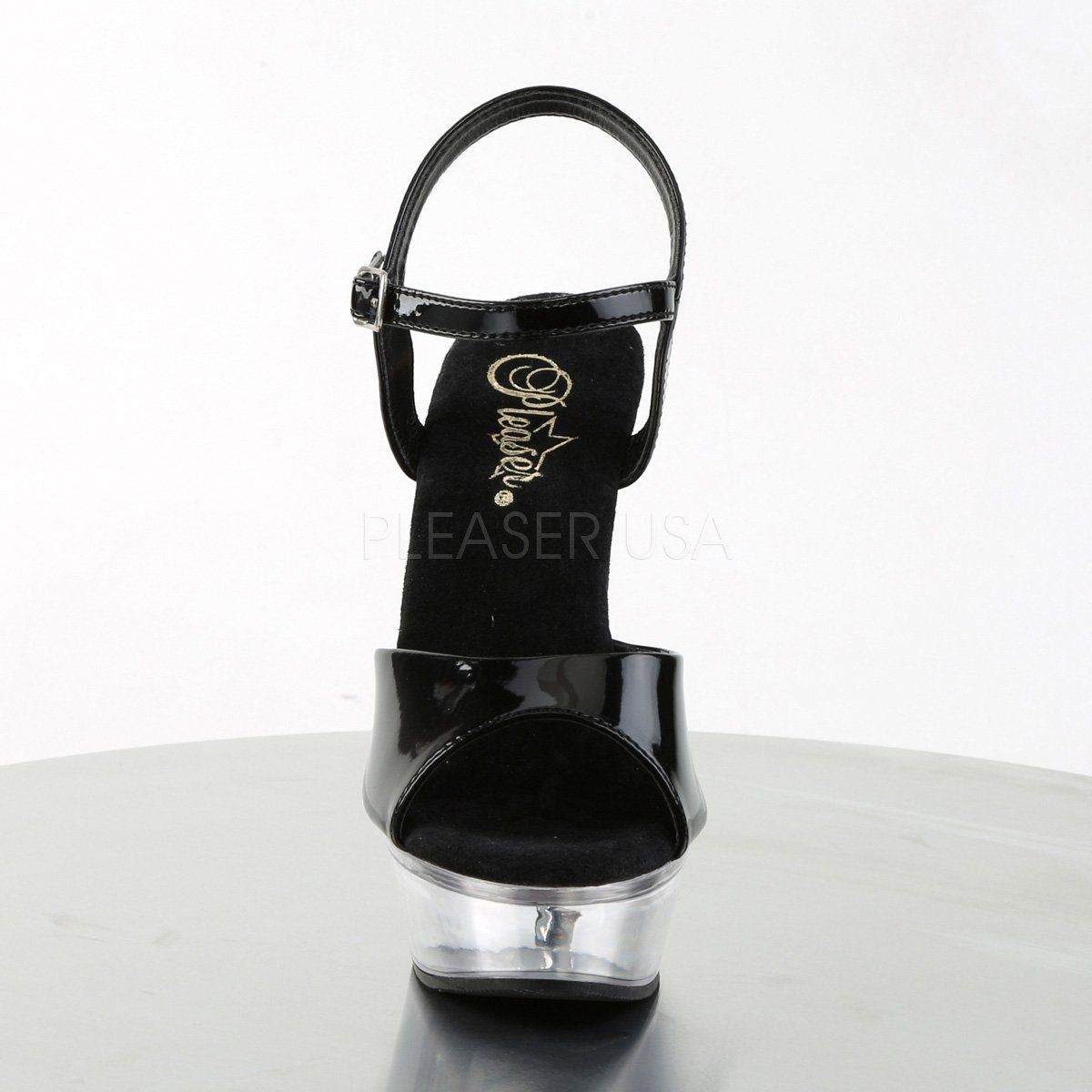 ALLURE-609 Black Patent/Clear Platform Sandal Pleaser