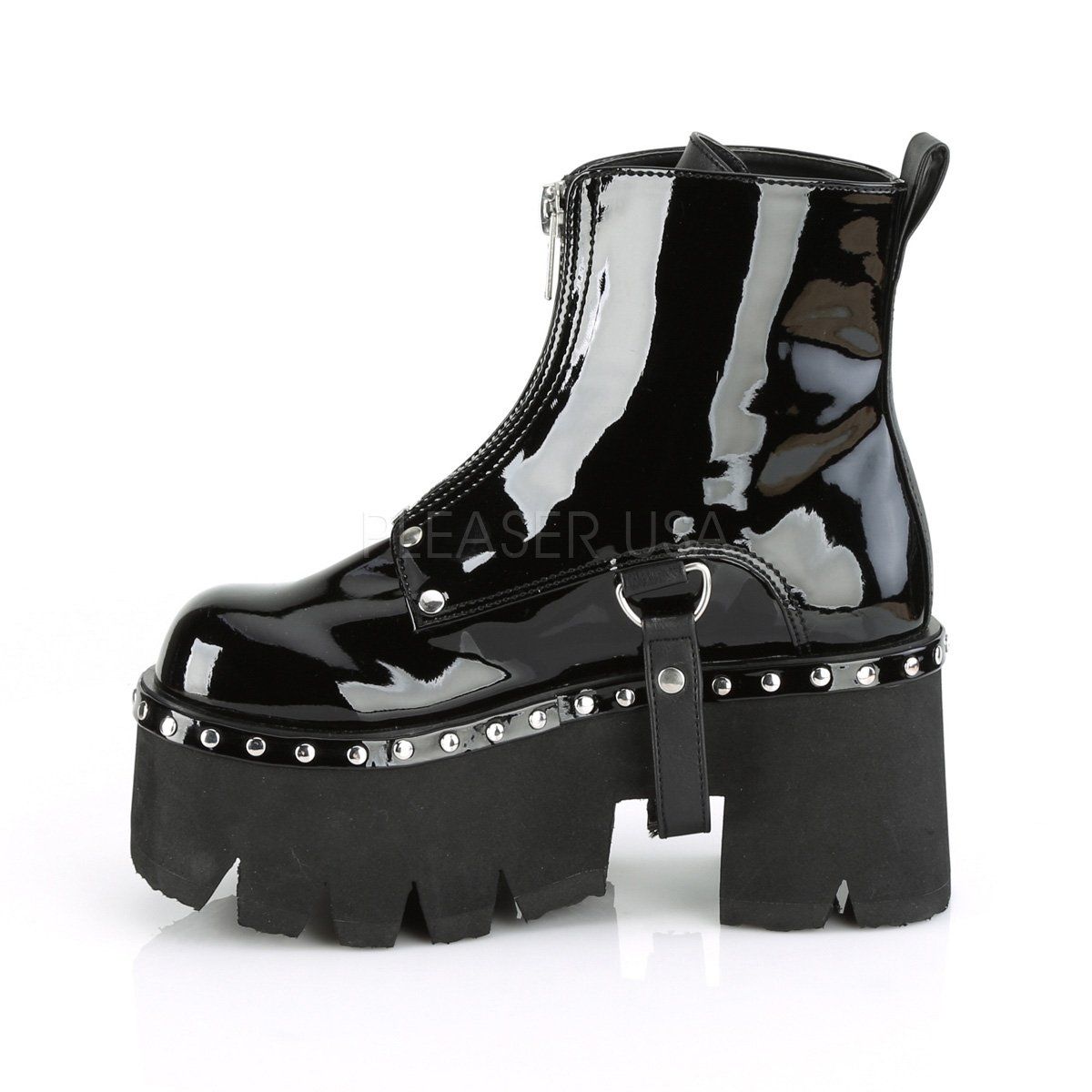 ASHES-100 Black Patent-Vegan Leather Ankle Boot Demonia