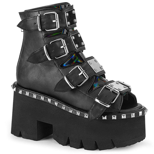 ASHES-70 Black Vegan Leather & Hologram Ankle Boot Demonia
