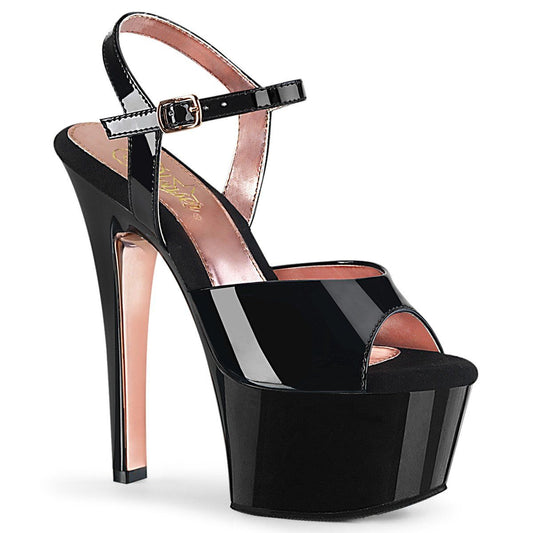 ASPIRE-609TT Black Patent/Black-Rose Gold Chrome Platform Sandal Pleaser
