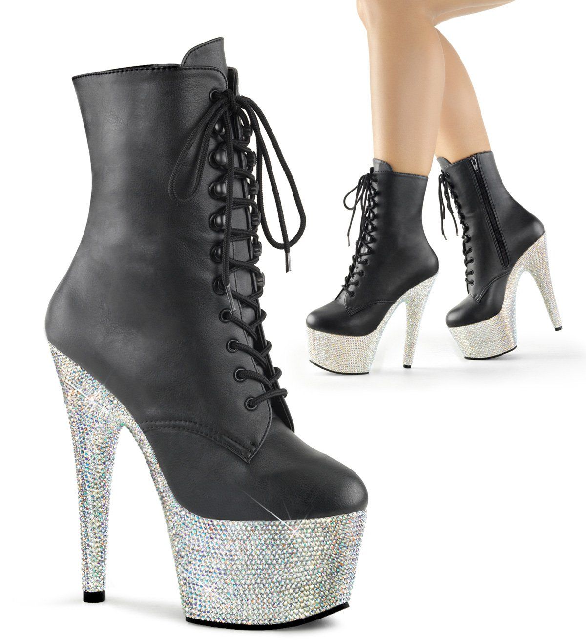 BEJEWELED-1020-7 Black/ Silver Rhinestone Ankle Boot Pleaser