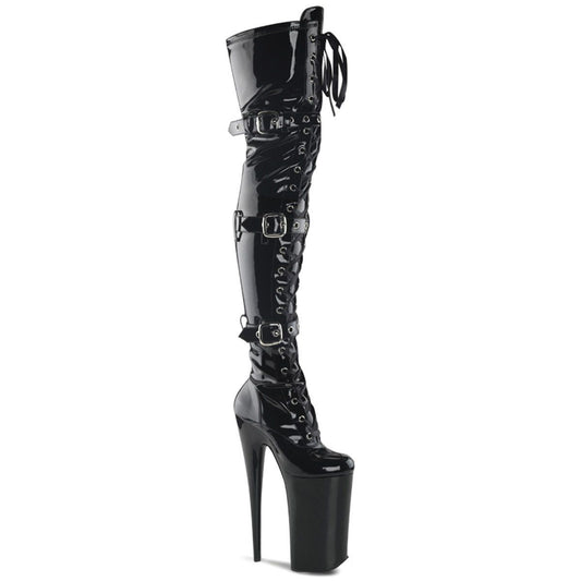 BEYOND-3028 Black Stretch Patent Thigh Boot Pleaser