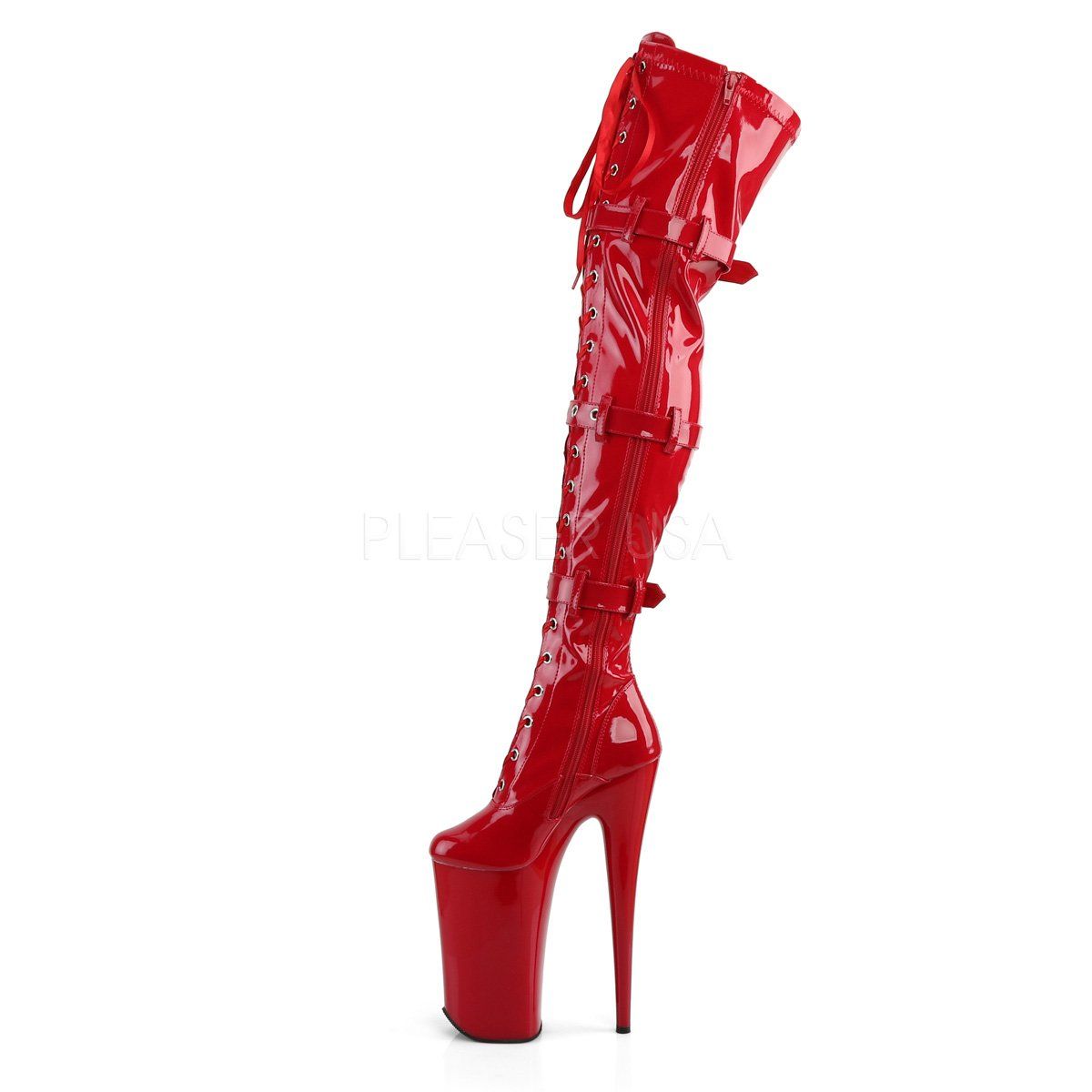 BEYOND-3028 Red Stretch Patent/Red Boot Pleaser