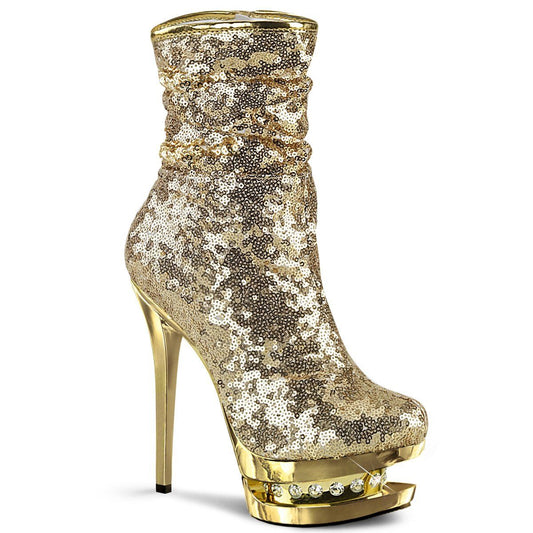 BLONDIE-R-1009 Gold Sequins/Gold Chrome Ankle Boot Pleaser
