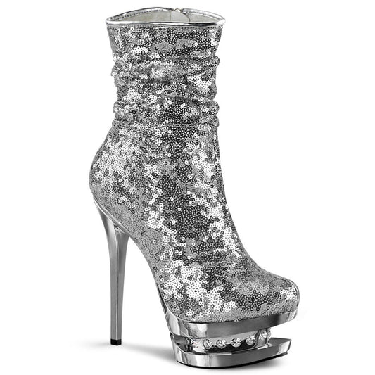BLONDIE-R-1009 Silver Sequins/Silver Chrome Ankle Boot Pleaser