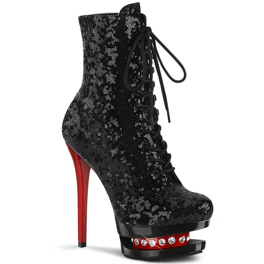 BLONDIE-R-1020 Black Sequins/Black-Red Ankle Boot Pleaser