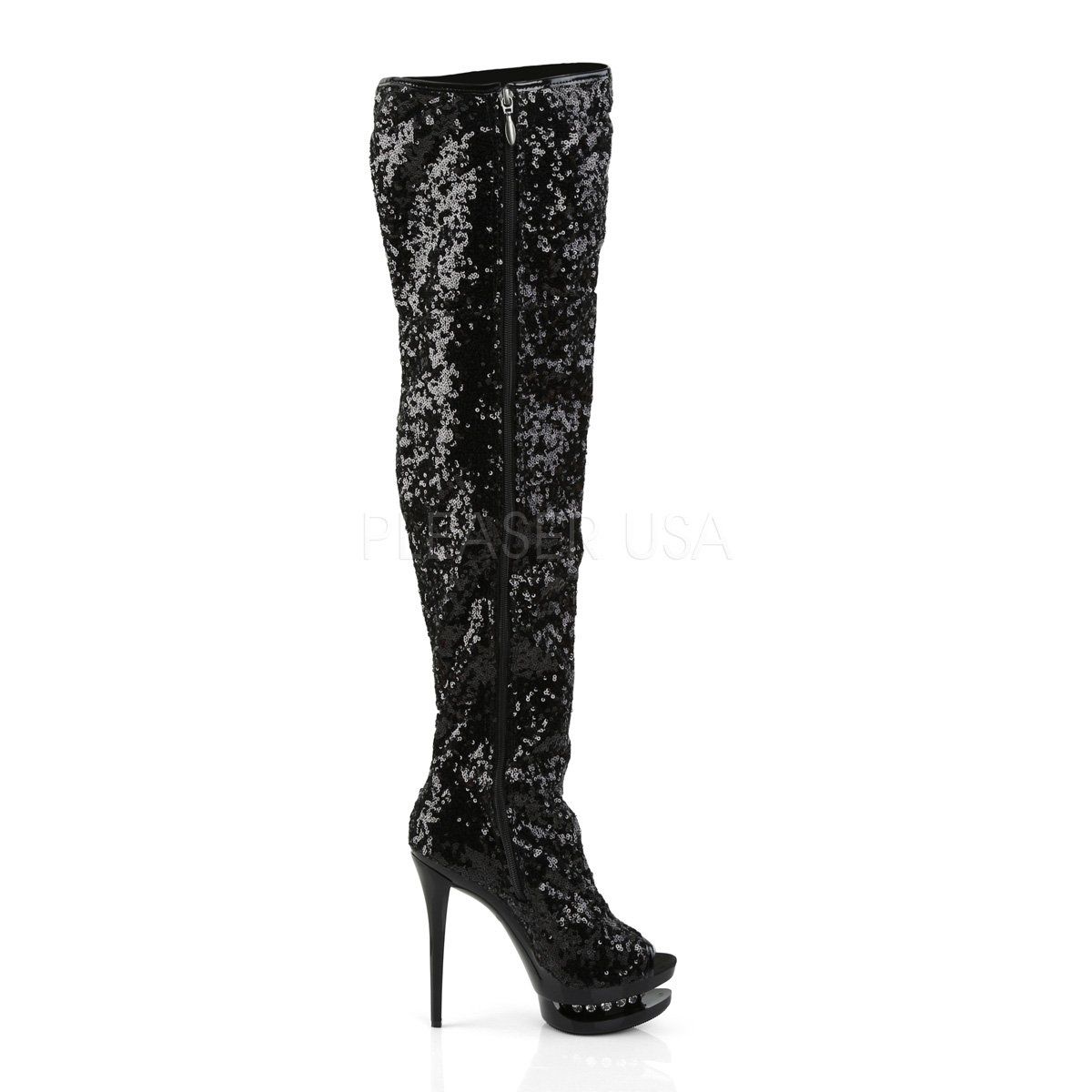 BLONDIE-R-3011 Black Sequins Thigh Boot Pleaser