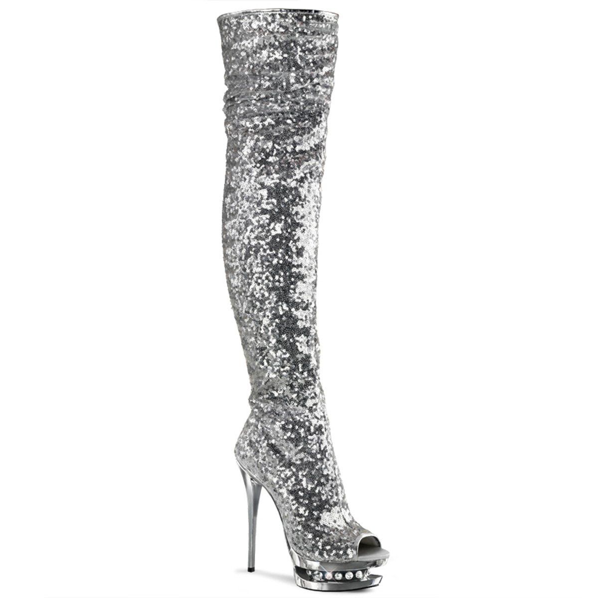 BLONDIE-R-3011 Silver Sequins Thigh Boot Pleaser