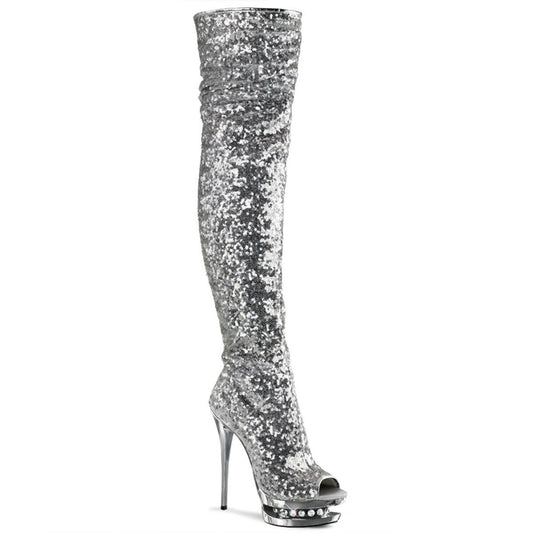 BLONDIE-R-3011 Silver Sequins Thigh Boot Pleaser